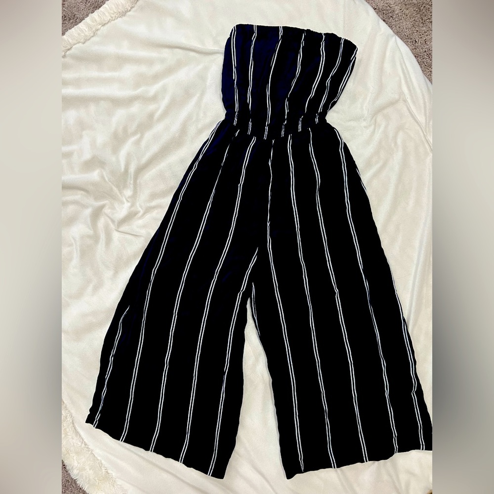 Strapless romper, navy and white stripe